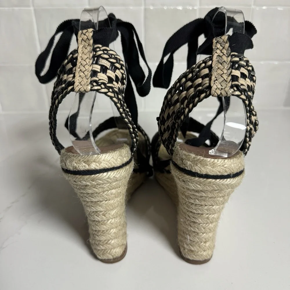 Kate Spade Taley Wedge Sandals Womens‎ 9 Black Cream Woven Espadrille Ankle Tie
